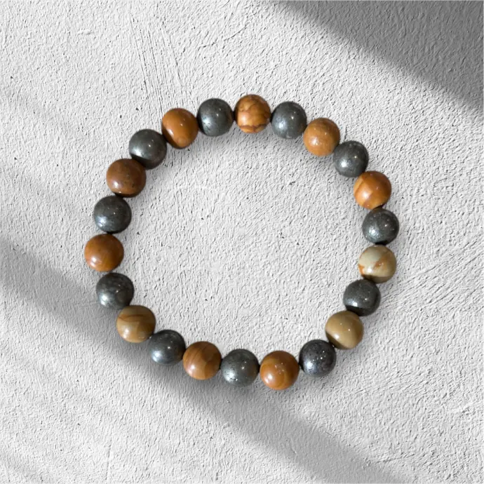 Bracelet Bois de Fossile & Pyrite – Protection et Abondance
